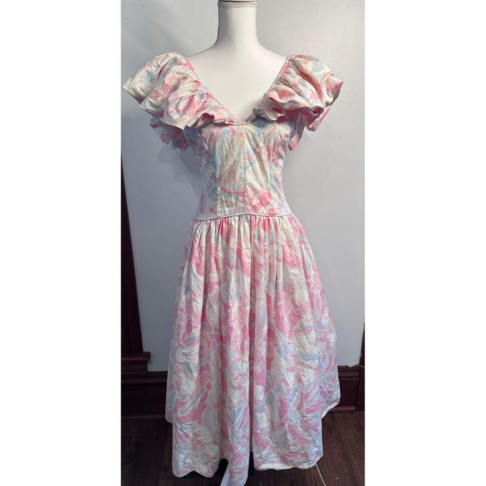 Dessy Creations Vintage Floral Ruffle V-Neck  Dress Pink Blue Size 8 Bow Back